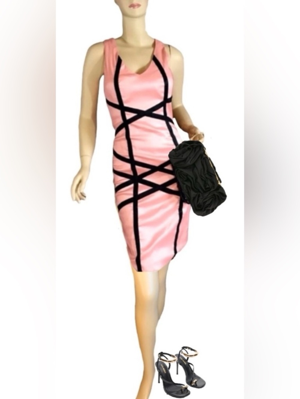 ROMEO & JULIET COUTURE APRICOT & BLACK BODY CON BANDAGE DRESS (M)